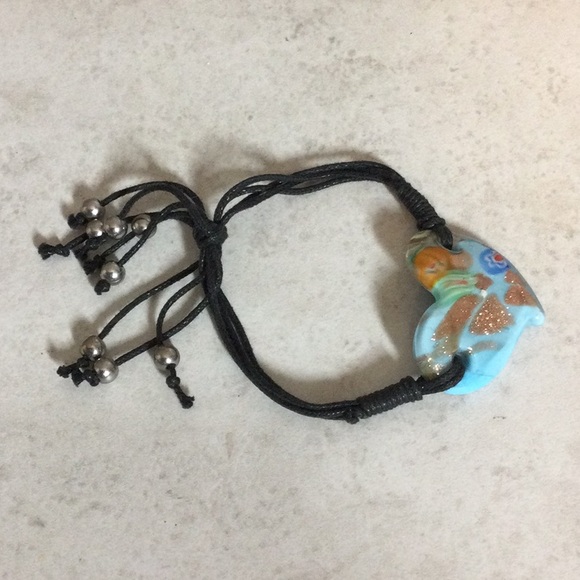 Blue cloisonné heart on black cord bracelet - Picture 5 of 8